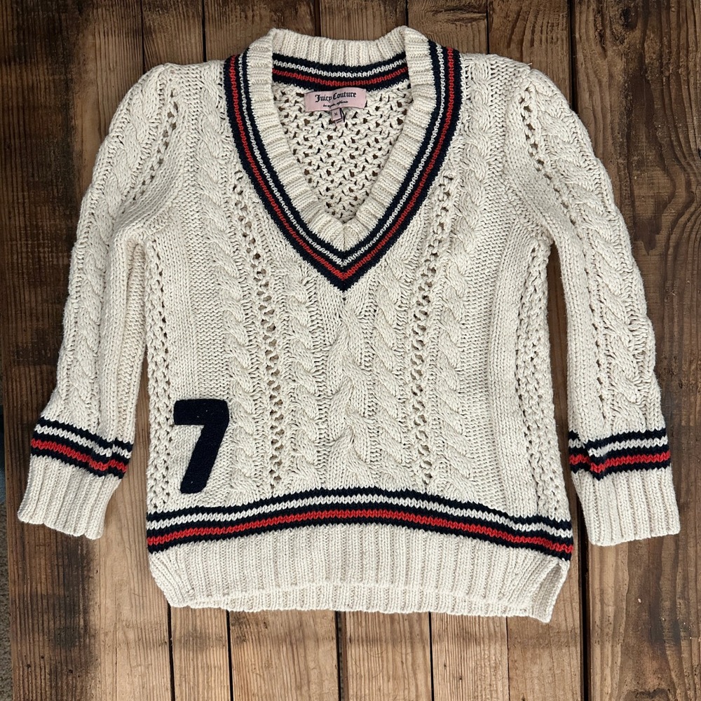 Juicy Couture Womens Varsity Cable Knit V-Neck Sweater Cream Striped Size M 7